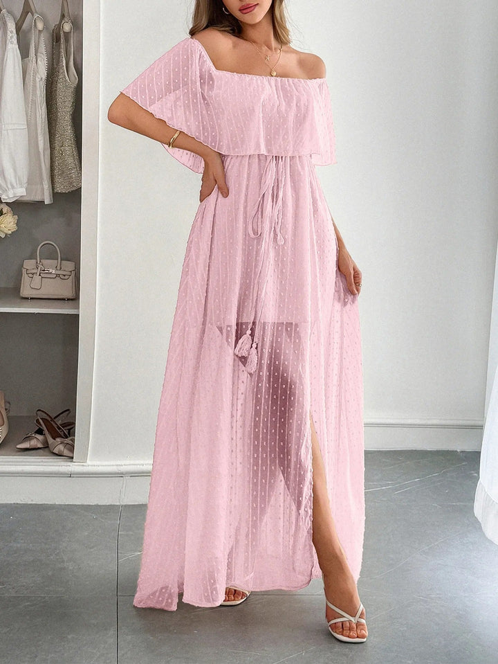 Robe longue femme plumeti mousseline de soie encolure bardot - Julieta