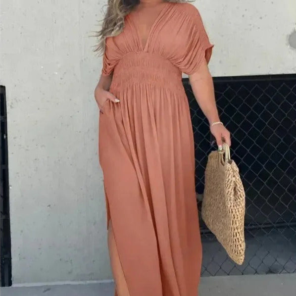 Robe longue à col en V et taille froncée pour femme - Renata