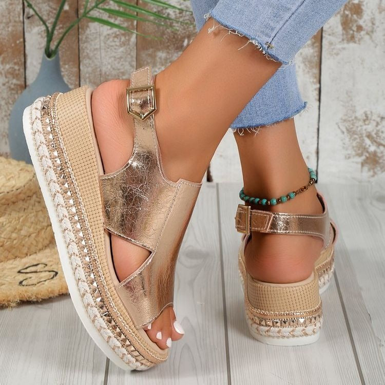 Sandales à talon compensé tressé pour femmes - Bleu clair