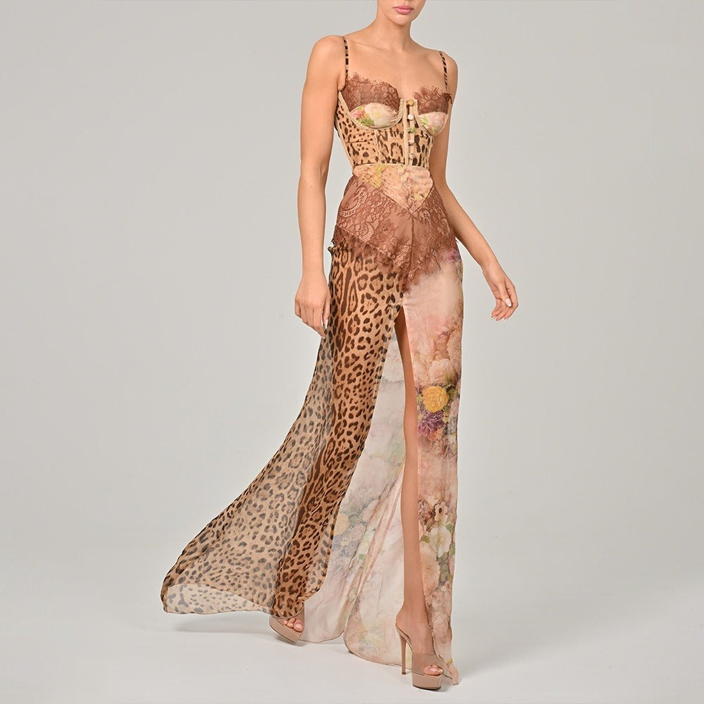Robe asymétrique en dentelle et mousseline imprimée pour femme - Samira
