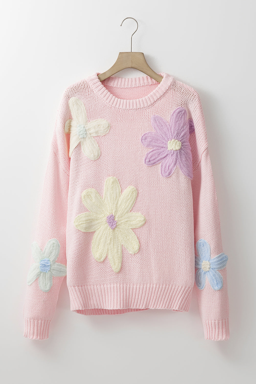 Colette - Pull Brodé Floral avec Pétales et Fils Roses