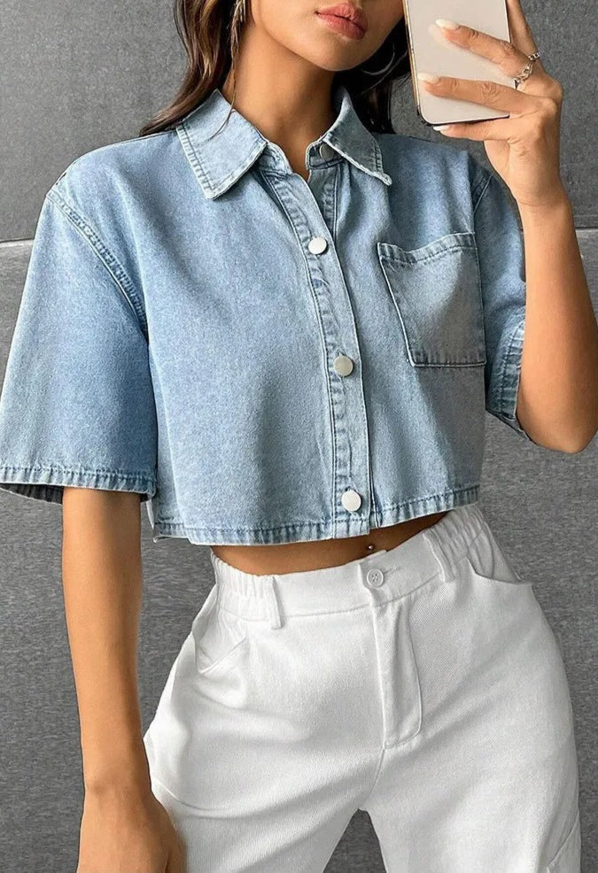 Chemise courte décontractée en denim pour femmes avec poche avant - Emilia