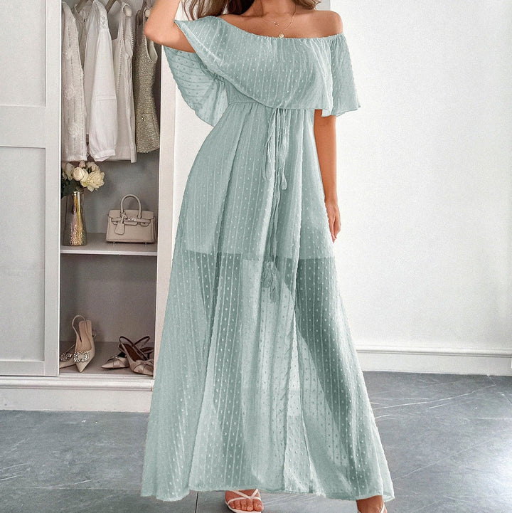 Robe longue pour femme en mousseline de soie plumeti avec encolure bateau fluide - Noelia