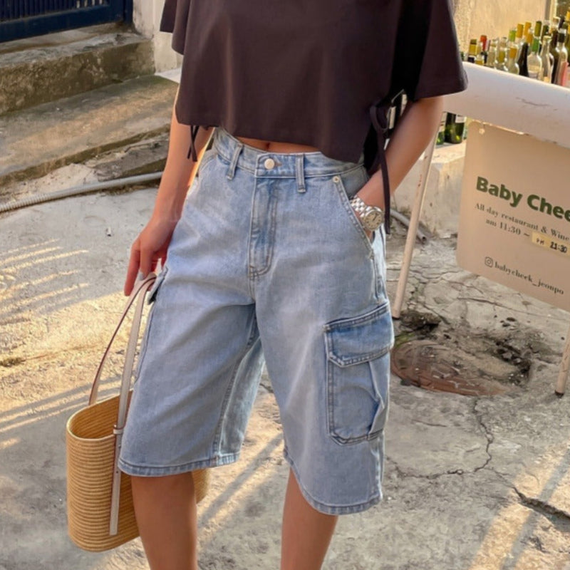 Short en jean pour femme avec poches cargo style baggy - Elina