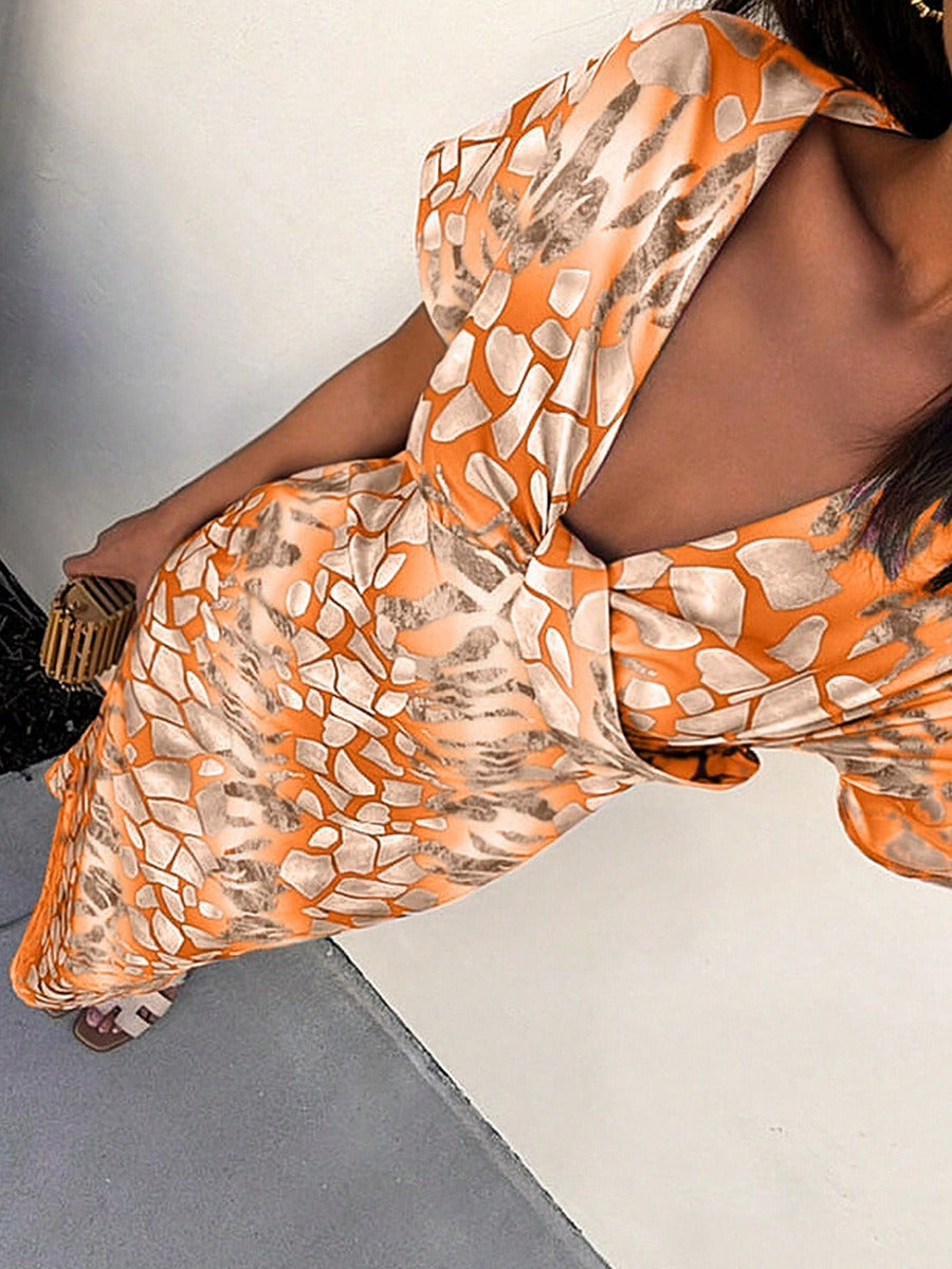 Robe midi pour femmes, imprimé abstrait, décolleté en V - Renata