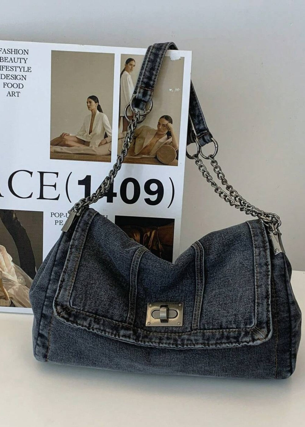 Sac à chaîne métallique de style urbain en denim - Briseida