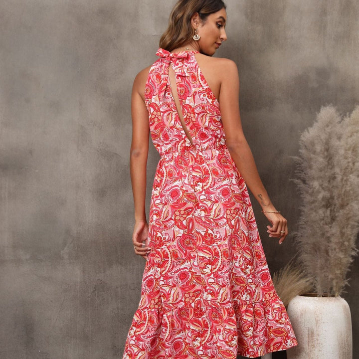 Robe midi pour femme à imprimé floral, sans manches, style dos nu - Mariela