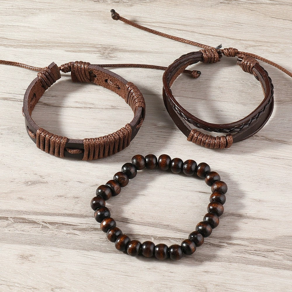 Bracelet homme corde cirée et cuir design tribal 3 pièces - Terrakai