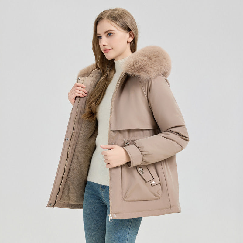Manteau court avec large capuche et col en fausse fourrure - Lareen