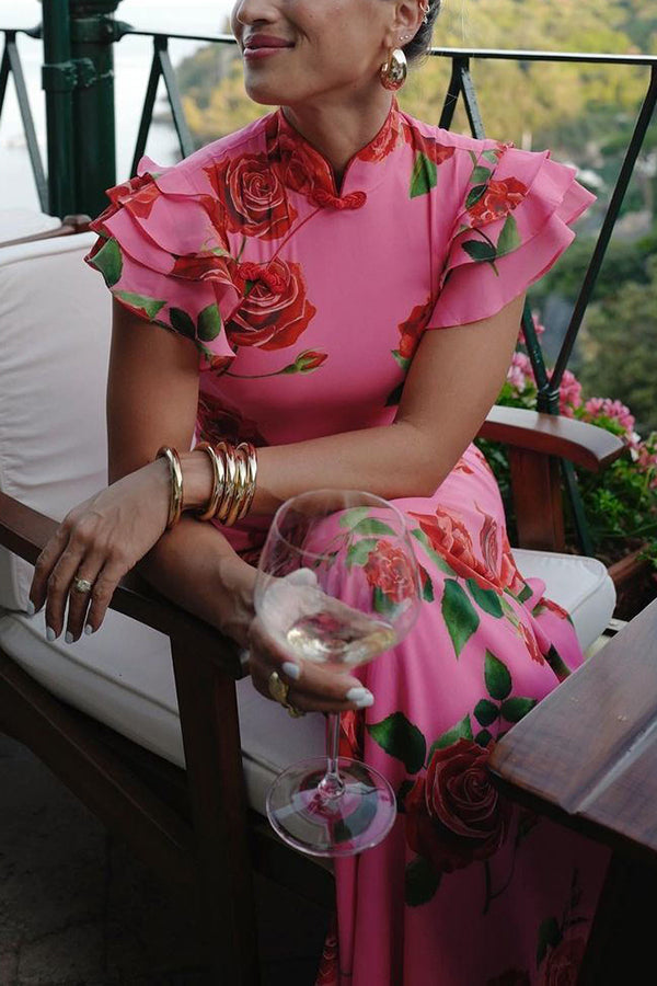 Elena - Robe longue à manches évasées et imprimé floral rose