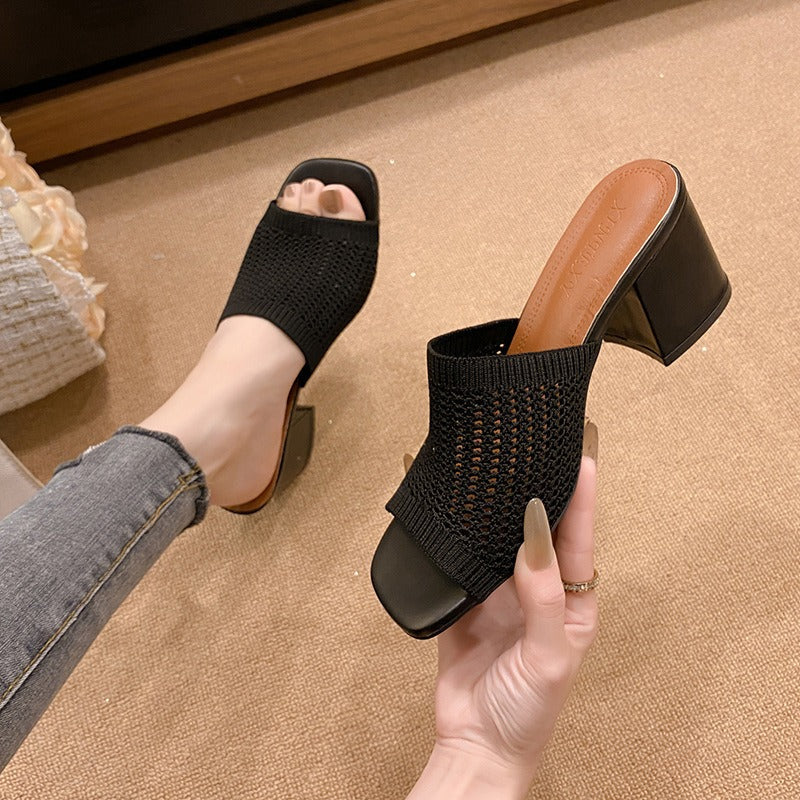 Sandales pour femmes en tissu respirant à talon carré épais - Renata