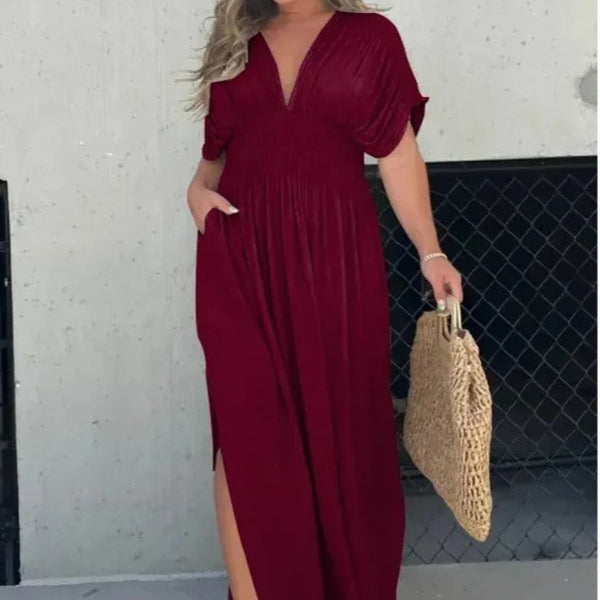 Robe longue à col en V et taille froncée pour femme - Renata