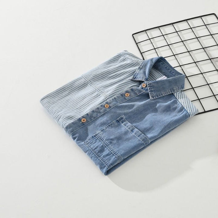 Chemise homme denim patchwork rayé manches courtes - Elías