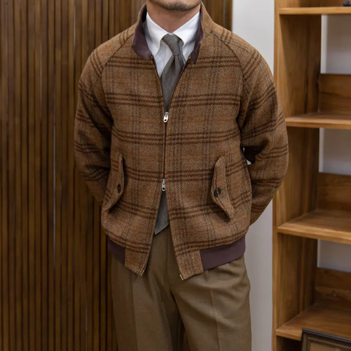 Iano - Slim-Fit Stand Collar Plaid Coat