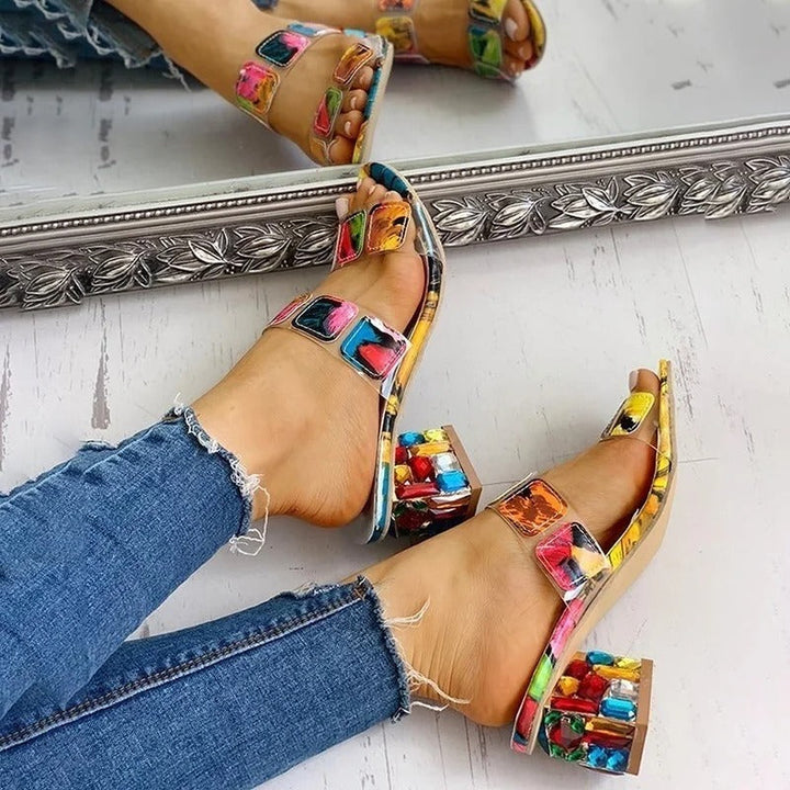 Sandales à talons hauts pour femmes avec design artistique multicolore - Camila