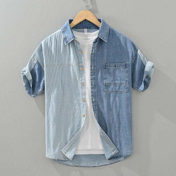 Chemise homme denim patchwork rayé manches courtes - Elías
