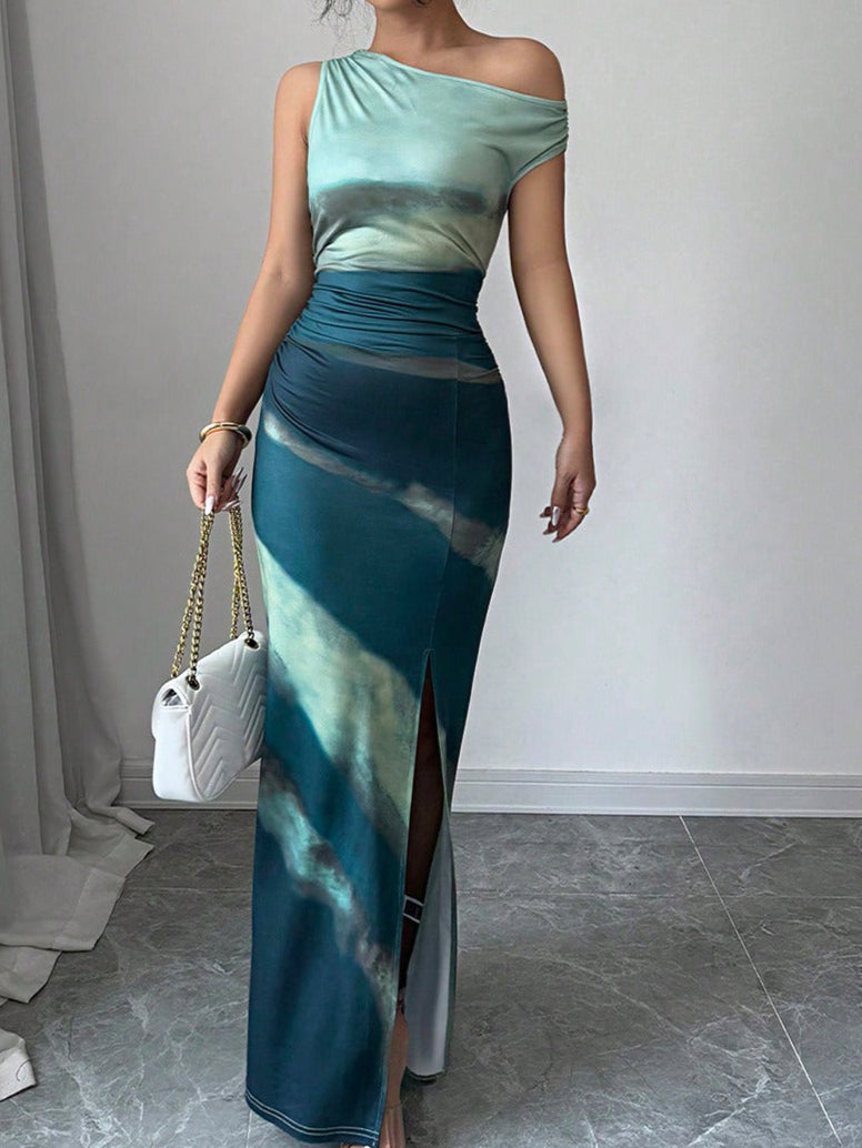 Robe longue pour femme, effet tie-dye, épaule asymétrique - Natalia