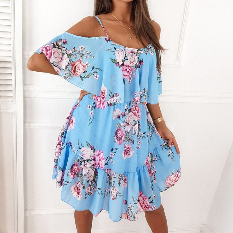 Robe courte en mousseline de soie florale à volants et épaules dénudées pour femme - Emilia