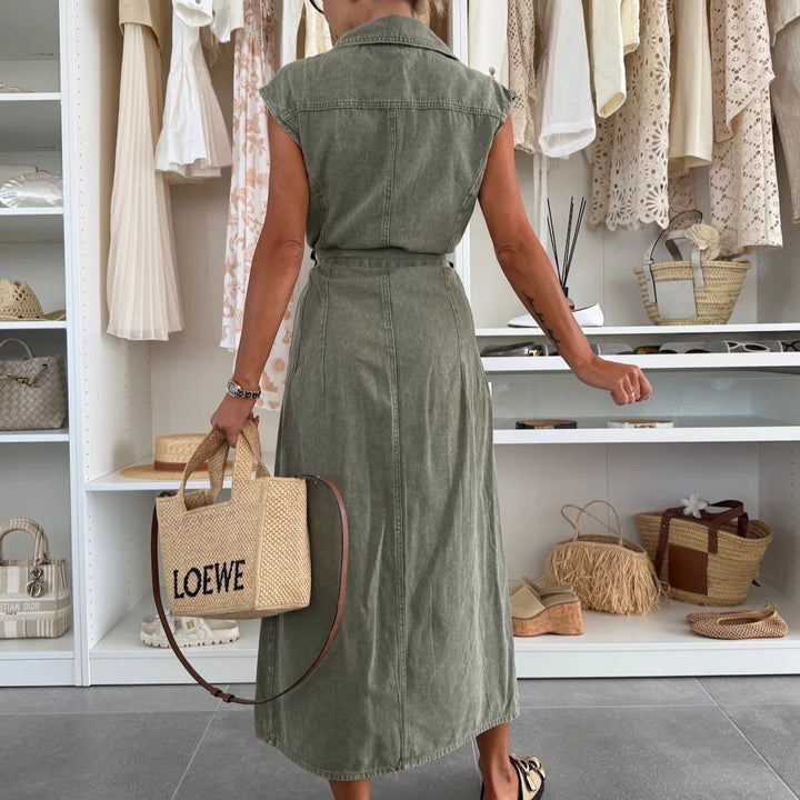 Robe midi femme sans manches en denim avec boutons et ceinture - Estelle