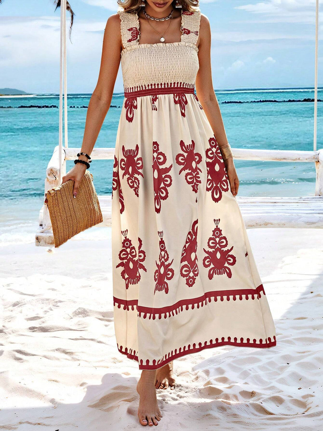 Robe longue à imprimé bohème pour femme, bretelles de plage beiges et noires - Zahara