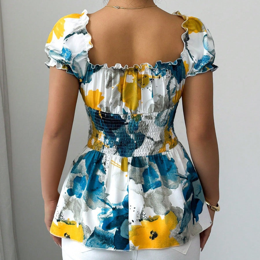 Chemisier femme décolleté plongeant imprimé floral coupe péplum - Yelina