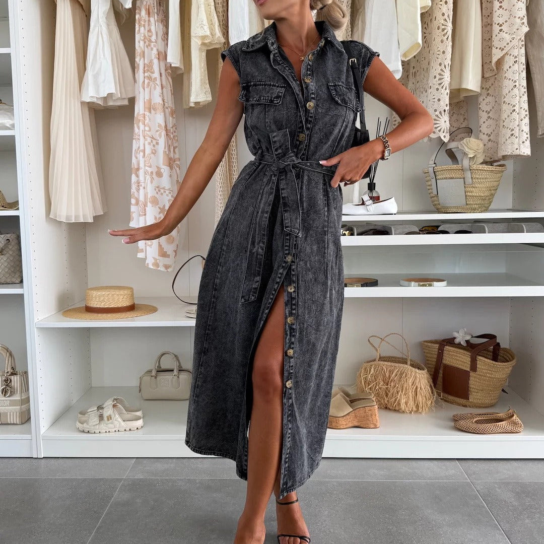 Robe midi femme sans manches en denim avec boutons et ceinture - Estelle