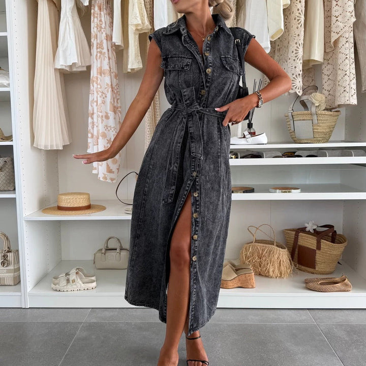 Robe midi femme sans manches en denim avec boutons et ceinture - Estelle