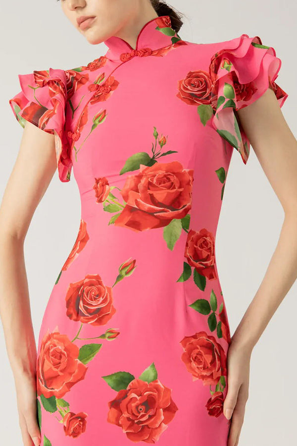 Elena - Robe longue à manches évasées et imprimé floral rose