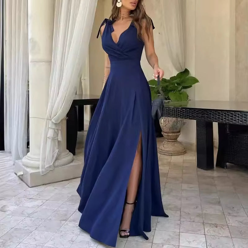 Robe longue sans manches avec fente et décolleté en V bleu nuit - Elara