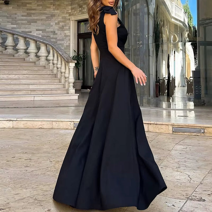 Robe longue sans manches avec fente et décolleté en V bleu nuit - Elara
