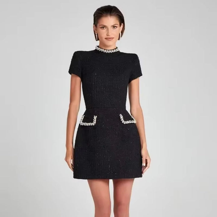 Robe courte en tweed pour femme avec perles blanches rétro - Clarisse