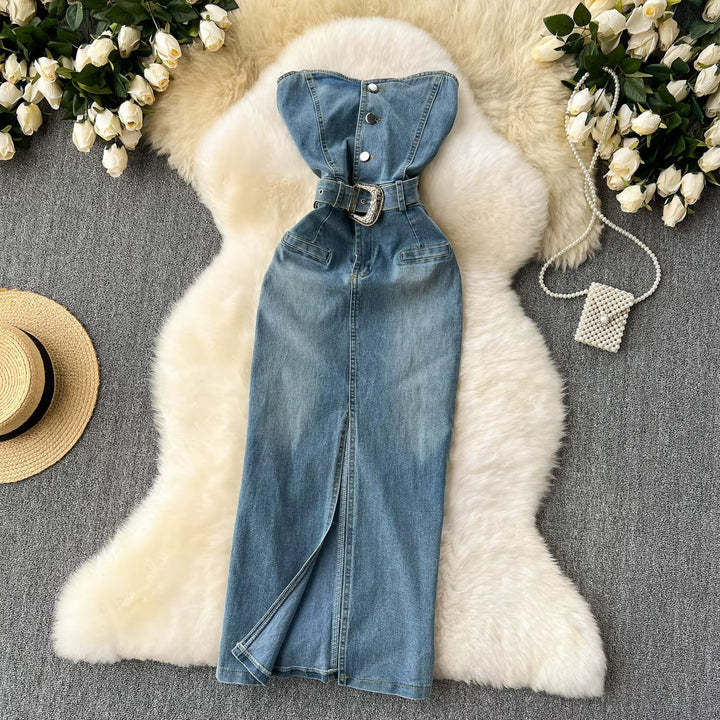 Robe bustier en denim pour femme avec ceinture de style western - Dakota