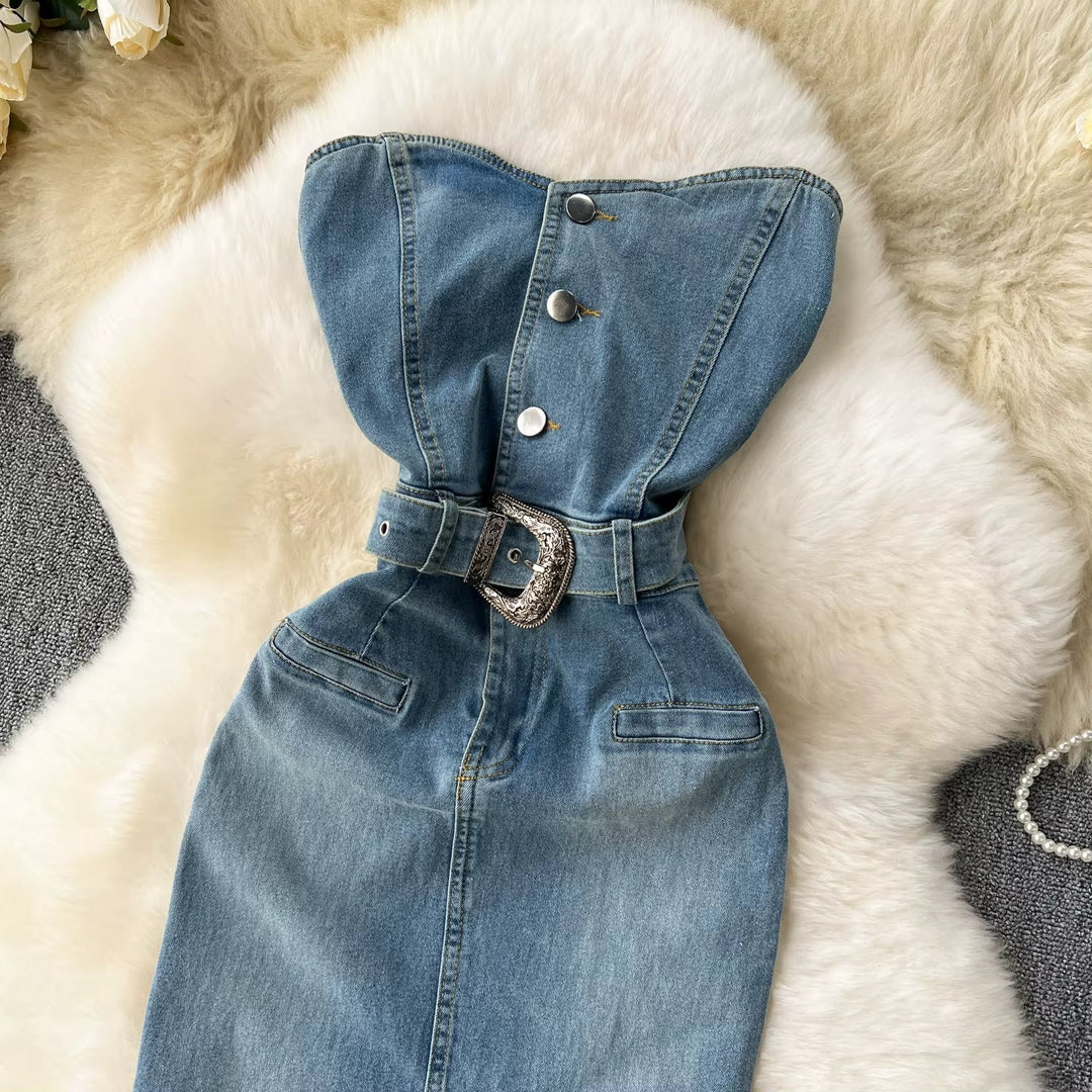Robe bustier en denim pour femme avec ceinture de style western - Dakota