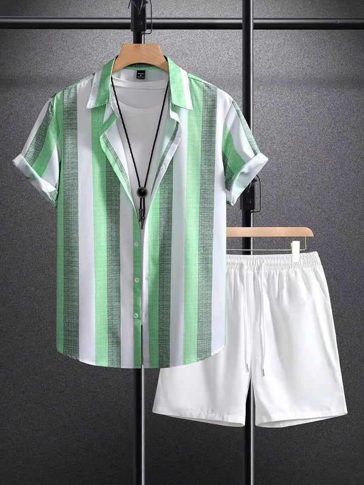 Ensemble d'été homme chemise rayée, short blanc décontracté - Elio