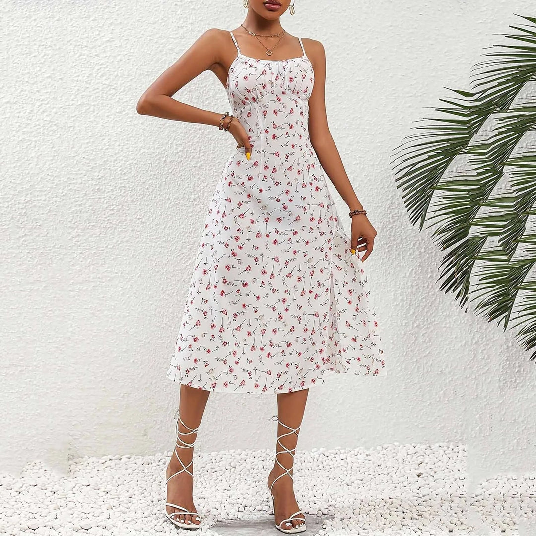 Robe midi à bretelles et fente à pois rouges pour femme - Fiorella