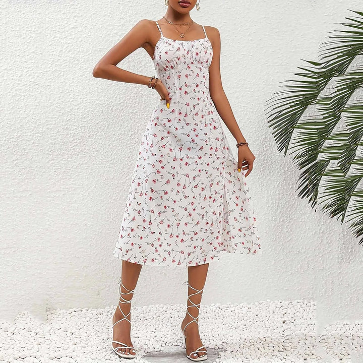 Robe midi à bretelles et fente à pois rouges pour femme - Fiorella