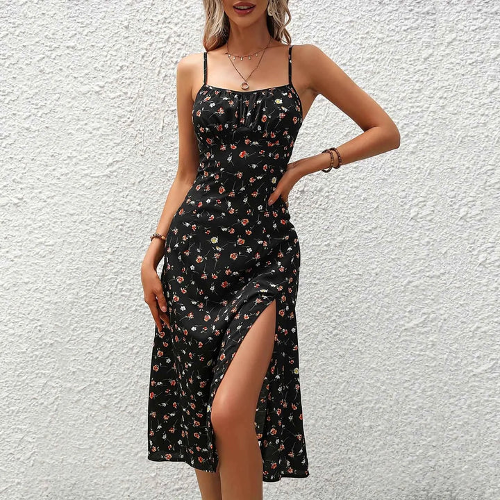 Robe midi à bretelles et fente à pois rouges pour femme - Fiorella