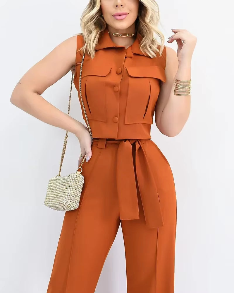 Ensemble pantalon large et haut boutonné sans manches pour femme - Isadora