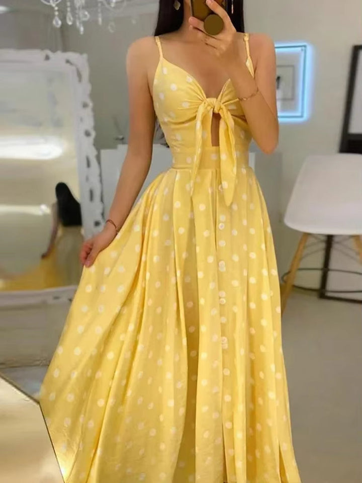Robe longue à col en V avec nœud et pois pour femme - Olivia