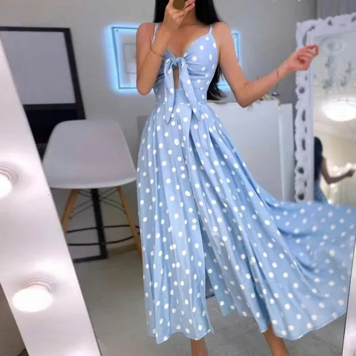 Robe longue à col en V avec nœud et pois pour femme - Olivia