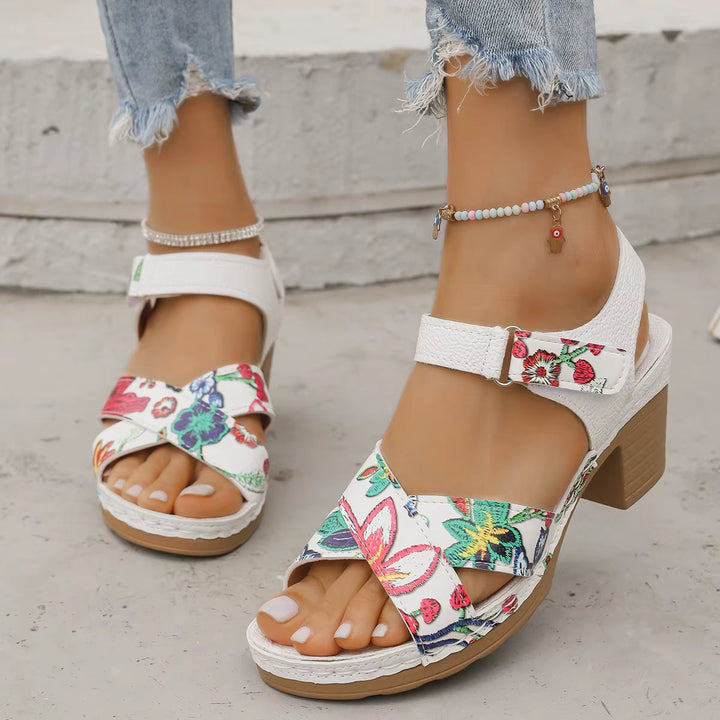 Sandales pour femmes à imprimé floral et à talon épais - Aurelina