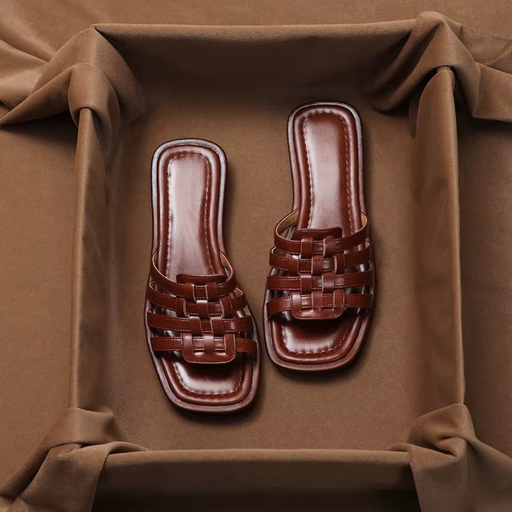 Sandales en cuir synthétique pour femmes, modèle plat tressé - Renata