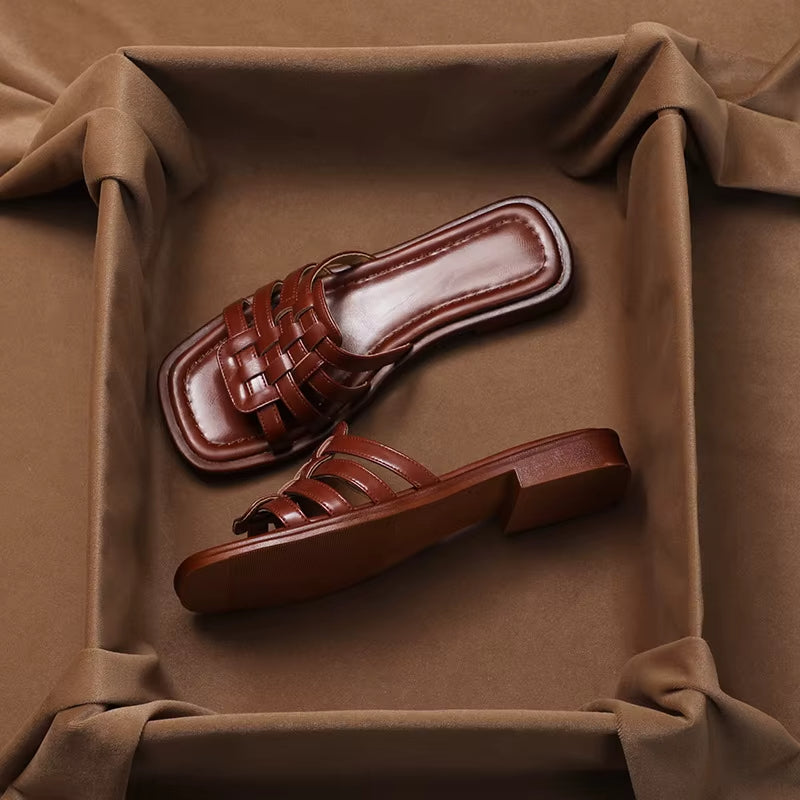 Sandales en cuir synthétique pour femmes, modèle plat tressé - Renata