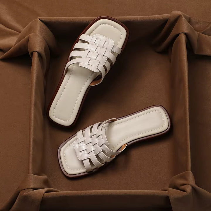 Sandales en cuir synthétique pour femmes, modèle plat tressé - Renata
