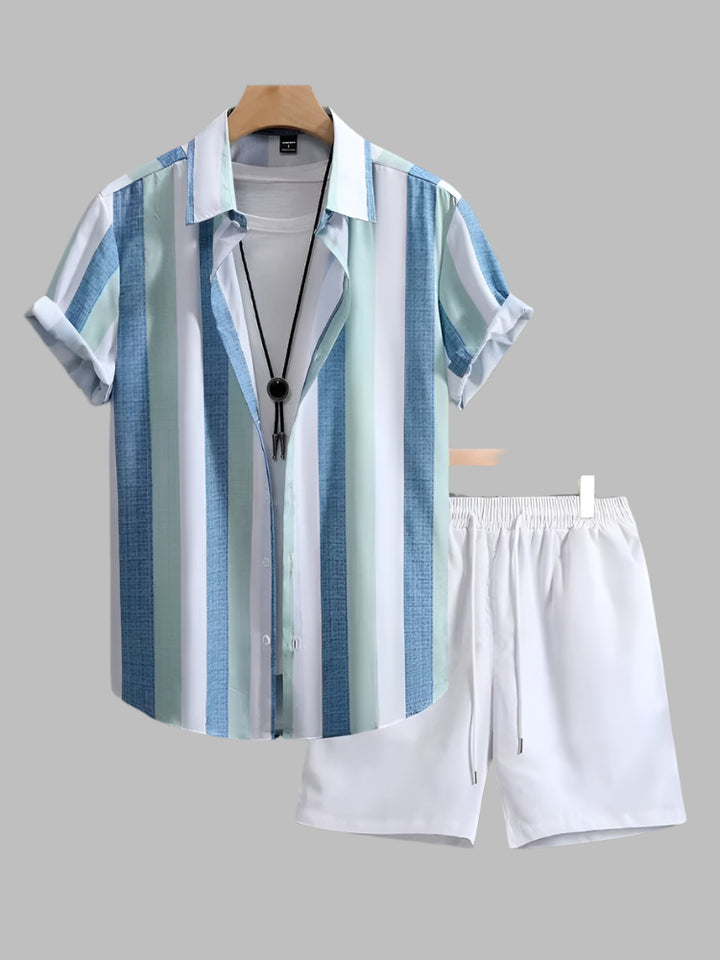 Ensemble d'été homme chemise rayée, short blanc décontracté - Elio