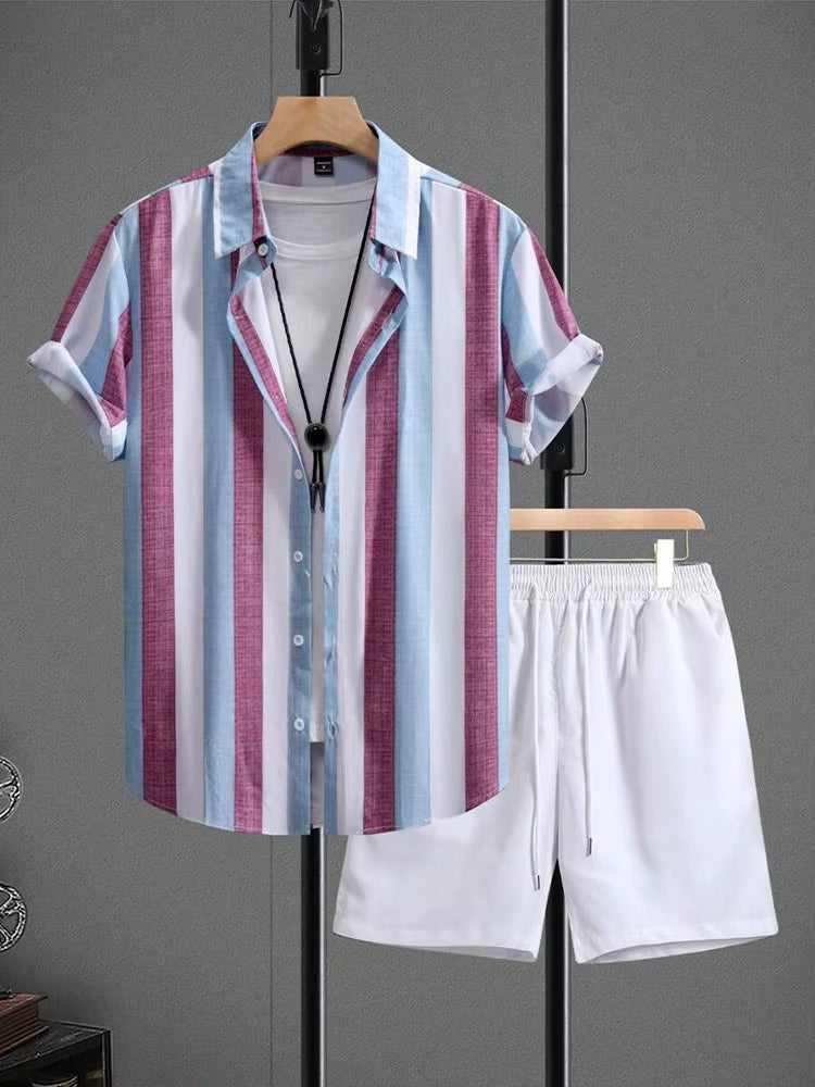 Ensemble d'été homme chemise rayée, short blanc décontracté - Elio