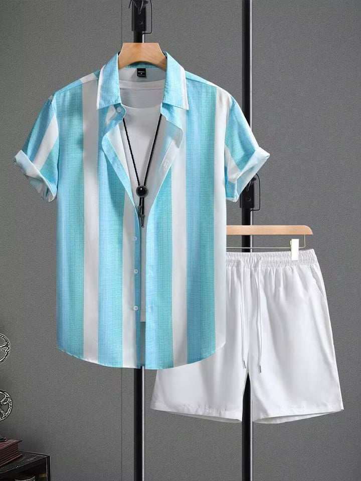 Ensemble d'été homme chemise rayée, short blanc décontracté - Elio
