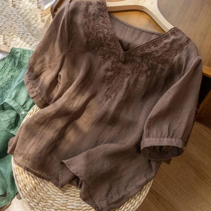 Chemisier femme col V en lin brodé style bohème marron - Natalia
