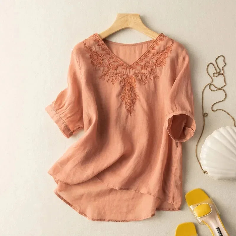 Chemisier femme col V en lin brodé style bohème marron - Natalia