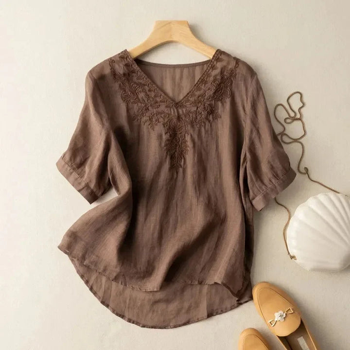 Chemisier femme col V en lin brodé style bohème marron - Natalia